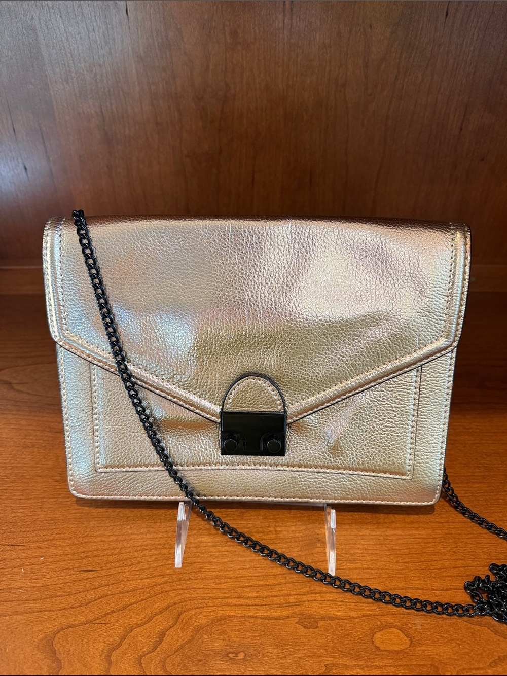 Loeffler Randall Metallic Gold Crossbody Envelope Bag with Chain Strap.